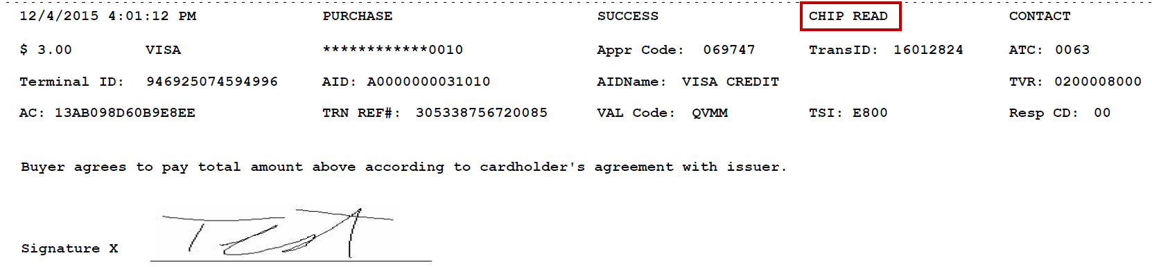 the printed electronic payment information for chip cards.
